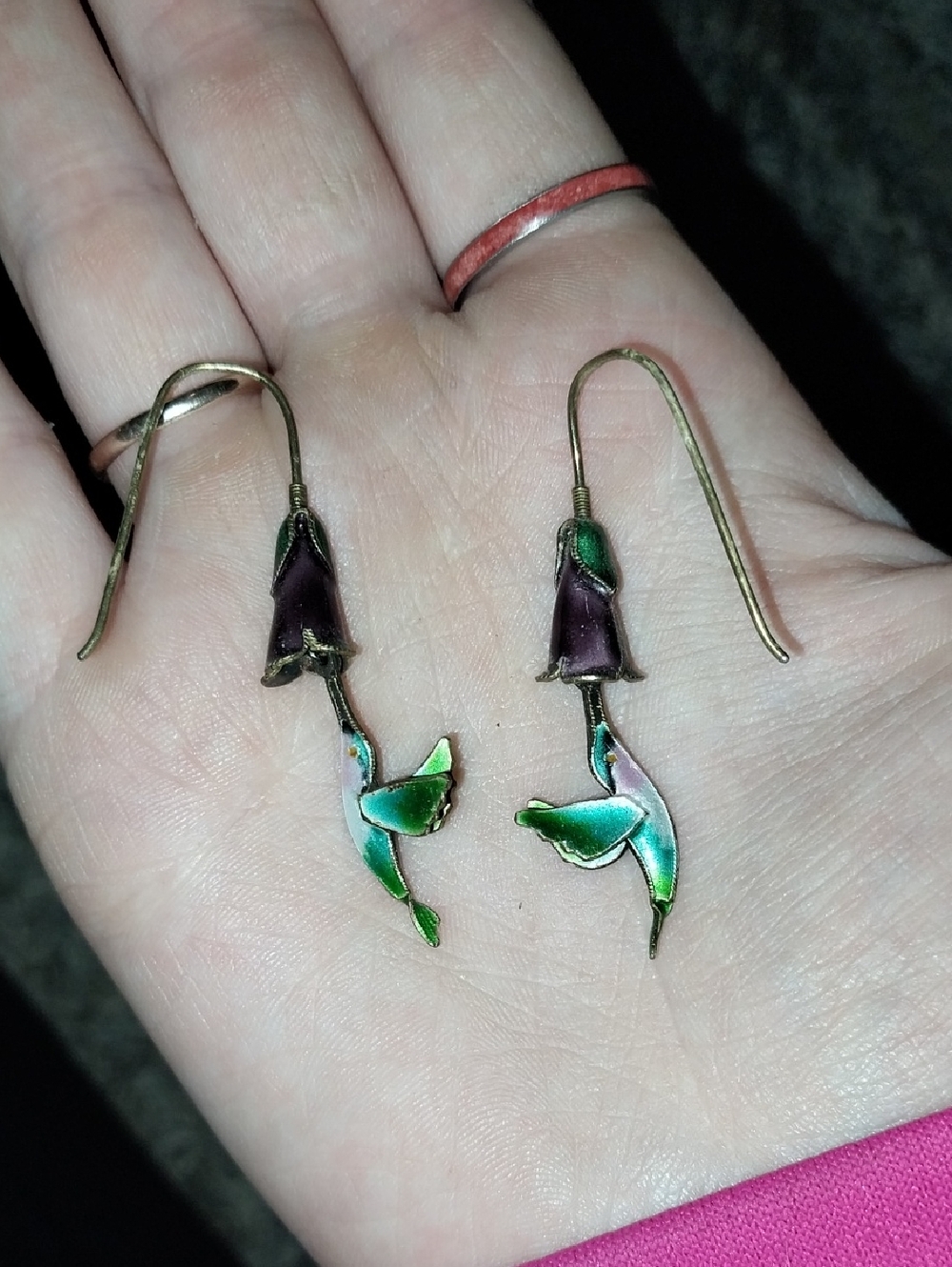 Vtg. Thousand Flowers Purple Flower Hummingbird Enamel Drop Earrings